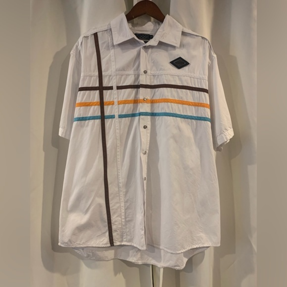 COOGI XXL Shirtโ White Multi-color Stripes Button Front Short Sleeve Logos